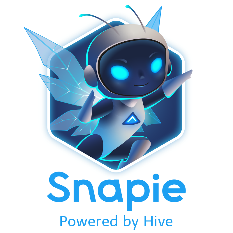 Snapie mascot - a friendly robot with glowing cyan eyes and crystal wings