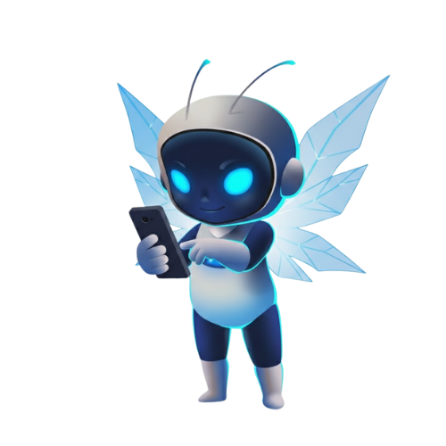 Snapie mascot with crystal wings standing and holding a smartphone